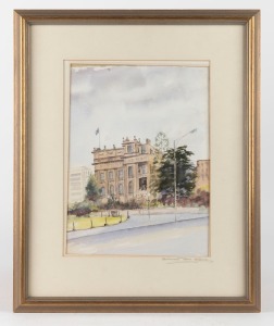 Three assorted framed pictures, including a facsimile print of Melbourne, an oil painting of Mount Warning, and a watercolour of Parliament House in Melbourne, ​​​​​​​the largest 53 x 65cm overall