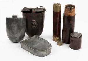 WWI Period field mess set housed in original leather satchel, comprising of a small hip flask, canteen and pannikin&nbsp;by James Dixon & Son, of Sheffield; together with an expanding telescope in original leather case, (2 items)&nbsp;