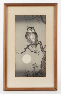 A Japanese woodblock print of an owl, 20th century, ​​​​​​​34 x 17cm, 49 x 31cm overall