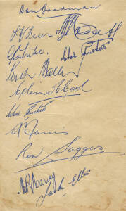 1946-47 AUSTRALIAN TEAM, autograph page with 12 signatures including Don Bradman, Lindsay Hassett & Fred Freer (in his only Test). In autograph book with no other signatures of note. Fair/Good condition.