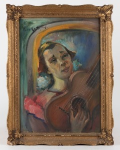 ARTIST UNKNOWN, (woman with guitar), oil on canvas, signed upper left (illegible),&nbsp; 49 x 34cm, 59 x 45cm overall