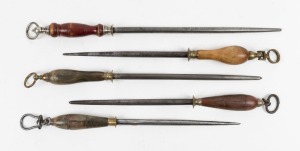 Five assorted antique and vintage sharpening steels, including turned horn and wooden handles, makers include F. Dick, and Taylor, 19th and 20th century, the largest 53cm long