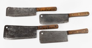 Four assorted antique English butcher's&nbsp;cleavers with wooden handles, 19th and 20th century, the largest 44cm long