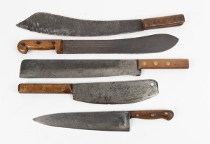 Five assorted antique machetes, cleavers and knives, mostly English, 19th/20th century, the largest 59cm long