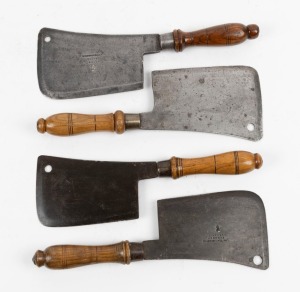 Four assorted antique English meat cleavers with turned elm handles,&nbsp;19th/20th century, the largest 34cm long