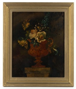 A pair of Continental floral still life oil paintings on slate, 19th century, ​​​​​​​36 x 29cm each, 46 x 39cm each overall