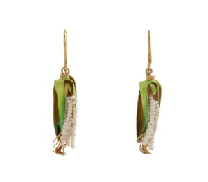 A pair of corncob earrings, enamel and silver gilt with seed pearl decoration, 20th century, 4cm high overall