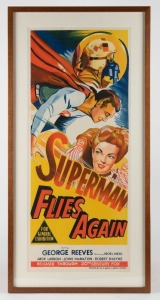 "SUPERMAN FLIES AGAIN" starring George Reeves, released through 20th Century Fox, printed by W. E. Smith Limited, Sydney, framed and glazed daybill movie poster, 76 x 32cm, 88 x 44cm overall