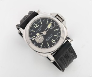 PANERAI "Luminor GMT" automatic wristwatch in stainless steel case, black dial and subsidiary seconds with 12 hour time indicator and single 24 hour indicator hand, 5cm wide