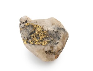 An attractive natural gold ore specimen from the Victorian goldfields, housed in an antique card box branded "F.W. FIELD...BENDIGO", the specimen 4cm wide