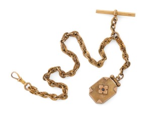 A fine quality antique Australian 15ct yellow gold fob chain with gold locket adorned with an Australian blue sapphire, 19th century, the chain 33cm long, 52 grams total