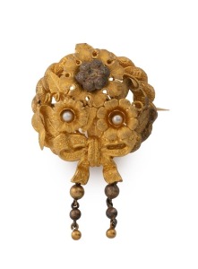 A Colonial antique Australian 22ct yellow gold floral brooch decorated with seed pearls, 19th century, ​​​​​​​5cm high overall, 9.3 grams