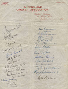 1947-48 Australia v India, First Test in Brisbane, "Queensland Cricket Association" letterhead signed by both teams, with 25 signatures including Don Bradman (who scored 185), Lindsay Hassett, Ray Lindwall, L.Armanath & M.J.Mankad. Some peripheral faults 