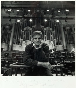 ARNOLD NEWMANN&nbsp;black and white photograph portrait of conductor Stewart Robertson. Signed by the photographer and endorsed to Peter Meckel. 31 x 27cm, 58 x 48cm overall