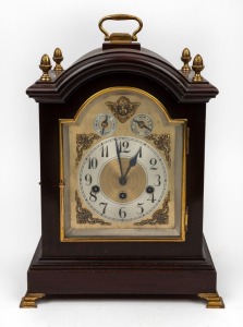 JUNGHANS antique German mahogany cased table clock with three train rod and gong quarter chiming movement, early 20th century, 40cm high overall