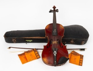 An antique violin with mother of pearl inlaid back and barber pole purfling, together with an antique bow and hardcase, 19th/20th century