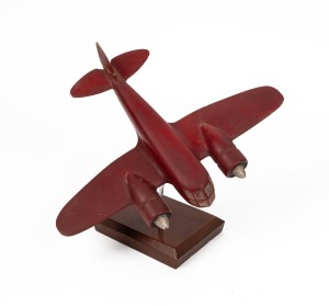Trench Art: Bristol Blenheim mounted on stand, wooden, c. 1940s, 26.5cm high and 36cm wingtip to wingtip.