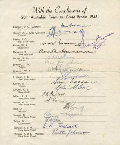 1948 AUSTRALIAN TEAM, official team sheet with 17 signatures including Don Bradman, Lindsay Hassett & Bill Johnston; plus the usual handstamp of Sidney Barnes. Folded, otherwise very good condition.