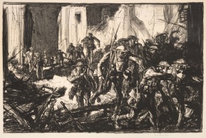 Five assorted mounted artworks including lithographs by Frank Brangwyn, the largest sheet size 47 x 67cm