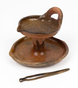 Antique Dutch earthenware oil lamp and tweezers, 17th century, excavated during diggings in Amsterdam, with letter of authenticity from Adam Langweiler, D.C., 11.5cm high