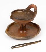 Antique Dutch earthenware oil lamp and tweezers, 17th century, excavated during diggings in Amsterdam, with letter of authenticity from Adam Langweiler, D.C., 11.5cm high