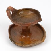 Antique Dutch earthenware oil lamp and tweezers, 17th century, excavated during diggings in Amsterdam, with letter of authenticity from Adam Langweiler, D.C., 11.5cm high - 2