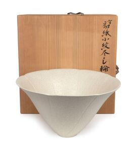 YAMAJI KAZUO (JAPAN)&nbsp;ceramic bowl with paper cut pattern, in original spruce box with papers, 24cm high, 45cm wide