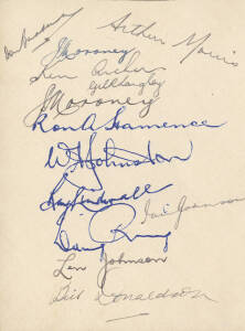 1949 Lindsay Hassett's XI v Arthur Morris' XI (Kippax & Oldfield Testimonial at SCG), autograph pages (2) with 24 signatures including Don Bradman, Lindsay Hassett, Keith Miller & Arthur Morris.