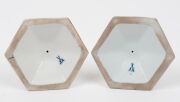 MEISSEN&nbsp;pair of antique German floral porcelain miniature urns and a pair of candlesticks, 19th century, (4 items), blue crossed sword marks to the bases, the largest 13cm high - 2
