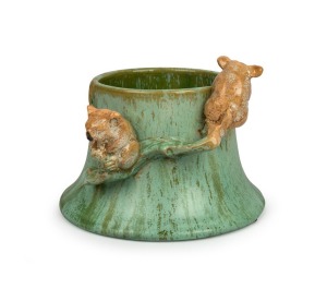 REMUED green glazed pottery tree stump vase with two applied koalas perched on branches, incised "Remued 9LD",  12cm high, 15.5cm diameter