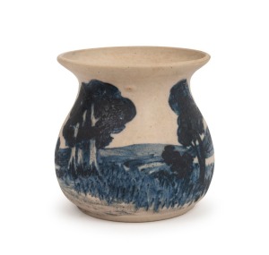 MERRIC BOYD pottery vase finely decorated with hand-painted landscape scene, incised " Merric Boyd, 1925" 12.5cm high