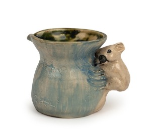 PHILIPPA JAMES blue glazed pottery jug with applied koala decorated,  incised " Philippa James", 9cm high 