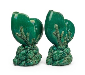 V.A.P. (Victoria Art Pottery) pair of green glazed nautilus pottery vases by WILLIAM FERRY, 19th/20th century, stamped "W.F. V.A.P", ​​​​​​ 24.5cm high Illustrated in "Australian Art Pottery 1900-1950" plate 146