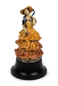 MARGUERITE MAHOOD pottery statue of a lady in a yellow crinoline dress, with bespoke later timber stand,  incised "Marguerite Mahood",