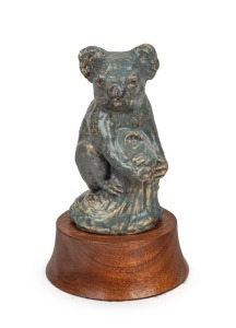 WILLIAM RICKETTS rare pottery koala statue with grey glazed finish, with later wooden plinth, 17cm high without base