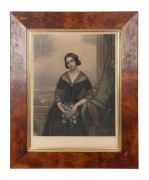 A Colonial Tasmanian huon pine picture frame with original gilt slip and glass, mid 19th century, housing a coloured engraving portrait titled "La Reine des fleurs" (Estrella de Barcelone), 63 x 51cm overall, internal gilt slip 46 x 35cm