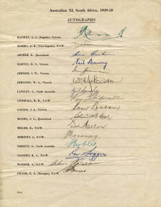 1949-50 Australian Team to South Africa, official team sheet with 16 signatures including Lindsay Hassett, Arthur Morris & Ray Lindwall. Some folds though Good condition and scarce early official team sheet - rarer than the 1948 team sheet.