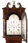 HENRY LANE [THE CONVICT CLOCK MAKER FROM BRISTOL]. Antique longcase clock with one piece silvered dial, marked "HENRY LANE BRISTOL", in Sheraton mahogany case with conch shell inlay to the serpentine edged trunk door. Three train weight driven movement ch - 4