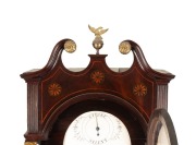 HENRY LANE [THE CONVICT CLOCK MAKER FROM BRISTOL]. Antique longcase clock with one piece silvered dial, marked "HENRY LANE BRISTOL", in Sheraton mahogany case with conch shell inlay to the serpentine edged trunk door. Three train weight driven movement ch - 5