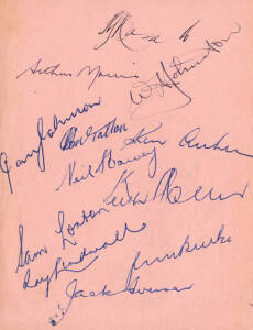 1950-51 Australian Team v England, autograph page with 12 signatures including Lindsay Hassett, Ray Lindwall & Jack Iverson. Mounted with reprinted team photograph.