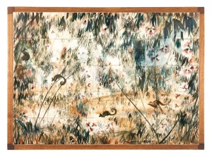 NEIL DOUGLAS & ARTHUR MERRIC BOYD important tile top coffee table hand-painted with possums, kangaroos, gum blossoms and wildflowers in landscape, comprising thirty five tiles, signed "Neil Douglas A.M Boyd Pottery", ​​​​​​​43cm high, 76cm wide, 55cm deep