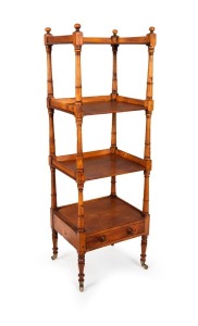 A rare Australian figured huon pine four tier wotnot with single drawer and well turned tapering column supports on brass castors, Tasmanian origin, circa 1840, 138cm high, 46cm wide, 38cm deep