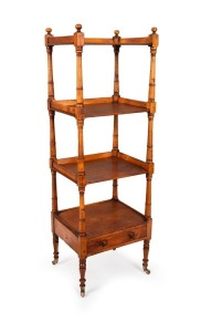 A rare Australian figured huon pine four tier wotnot with single drawer and well turned tapering column supports on brass castors, Tasmanian origin, circa 1840, 138cm high, 46cm wide, 38cm deep