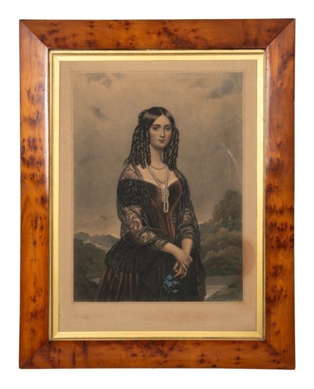 A Colonial Tasmanian huon pine picture frame with original gilt slip and glass, mid 19th century, housing a coloured engraving portrait titled "Etoile D'amour", 70 x 55cm overall, internal gilt slip 54 x 39.5cm