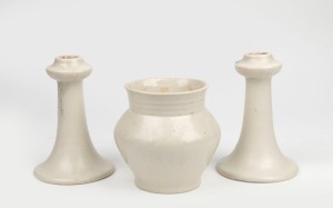 MELROSE WARE cream glazed pottery candlesticks and matching vase, (3 items), stamped "Melrose Ware, Australian", the largest 16cm high