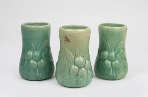 MELROSE WARE group of three green glazed pottery vases with applied berries and leaves, one example stamped "Melrose Ware, Australian" 14.5cm high