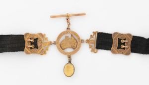 LARARD BROTHERS of Melbourne, antique Australian patriotic 9ct gold and black silk fob chain, 22cm long