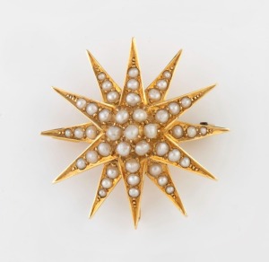WILLIS & SONS of Melbourne antique 15ct yellow gold star brooch adorned with seed pearls, 19th/20th century, stamped "15.W." with unicorn mark, 3.3cm wide, 5.6 grams