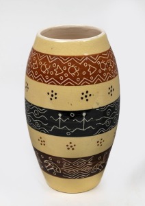 GUY BOYD yellow glazed pottery vase with bands of sgraffito decoration with Aboriginal motifs, incised "Guy Boyd", ​​​​​​​19cm high