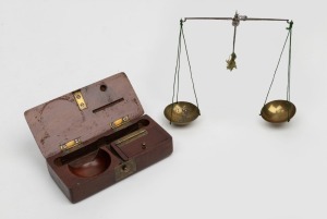 Antique pocket gold scales in fitted timber case, 19th century, the case 11cm wide